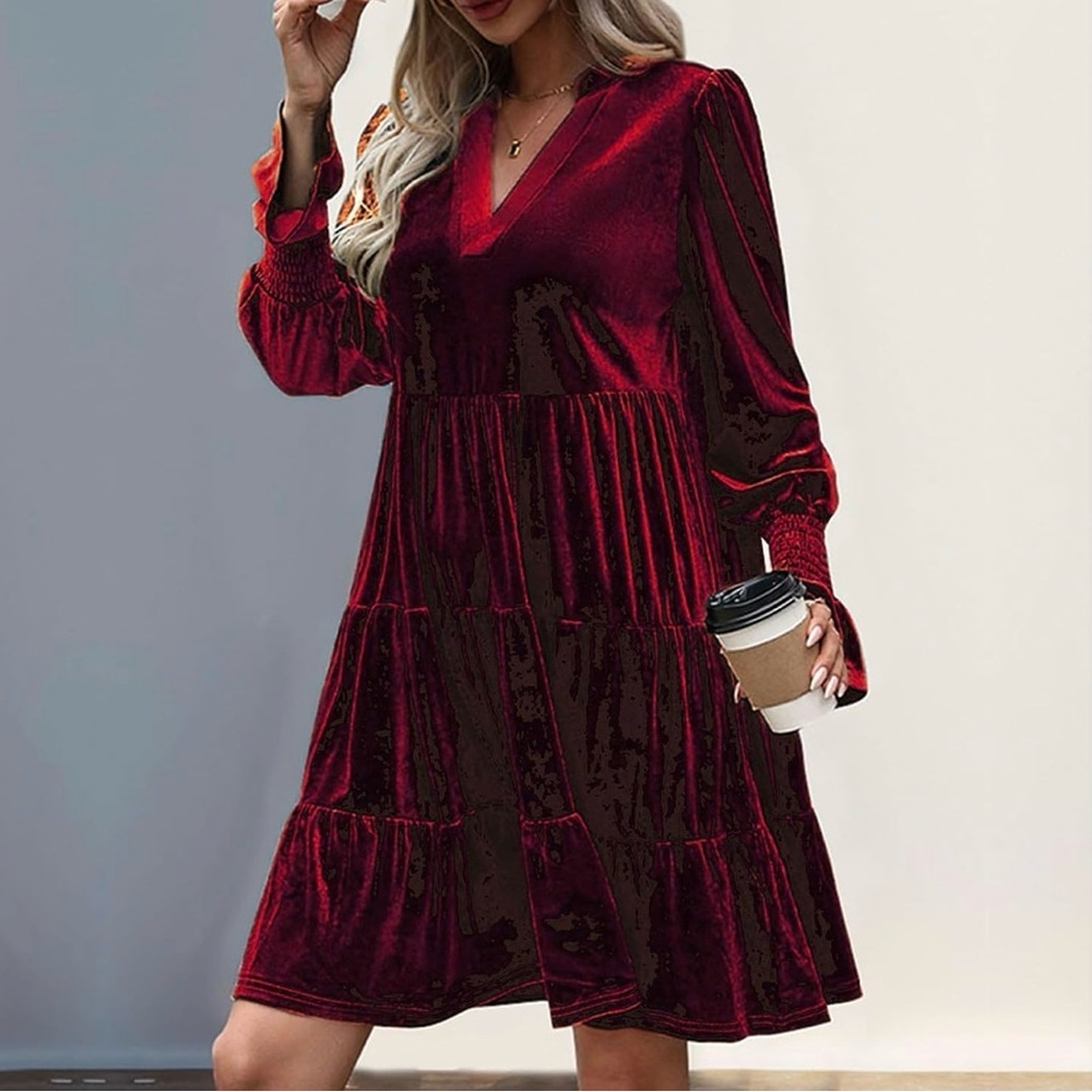 Burgundy velvet babydoll Christmas holiday dress - Picture 2 of 5
